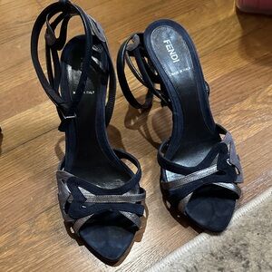 Fendi Navy and Gray Suede Strappy High Heels